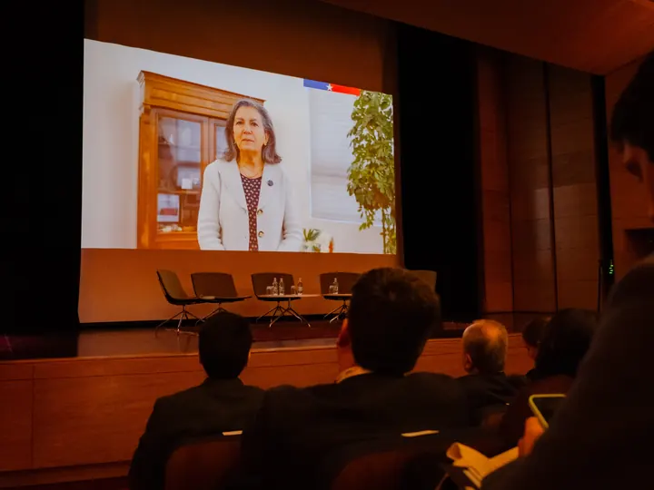 Ministra de Salud, Dra. May Chomalí, dando un saludo grabado a los presentes.