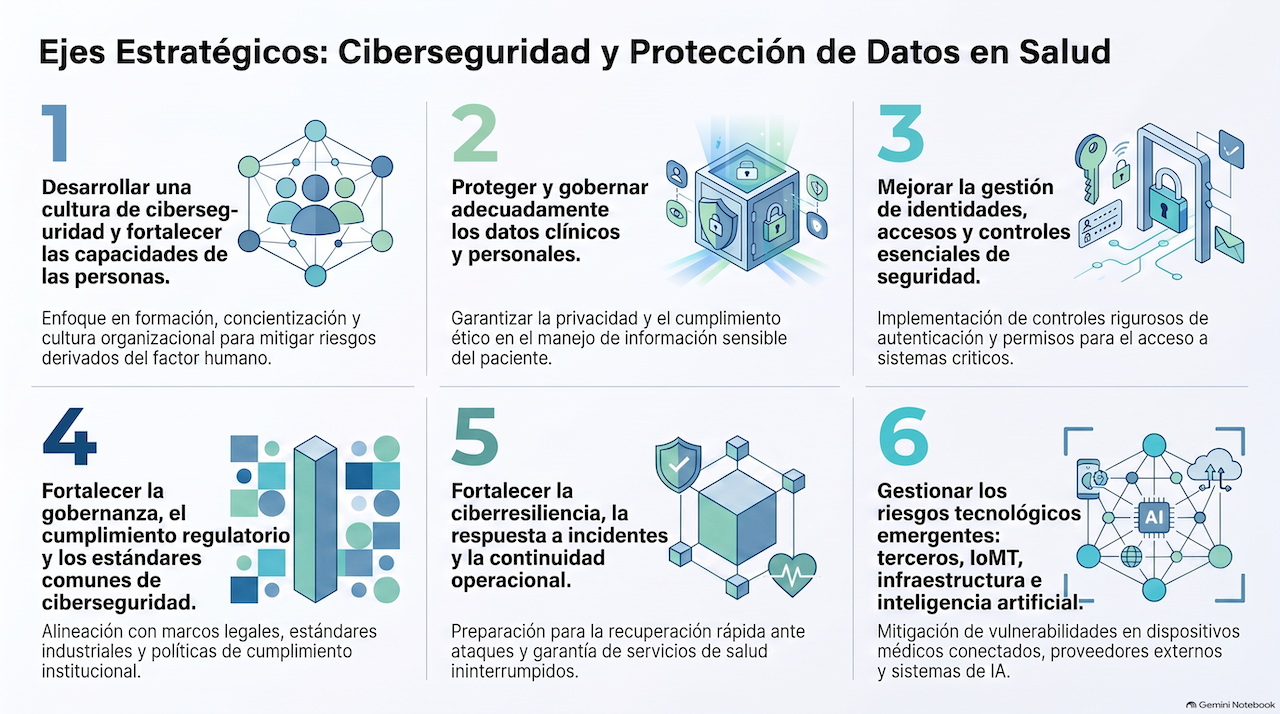 Infografía con los seis ejes estratégicos de ciberseguridad y protección de datos en salud